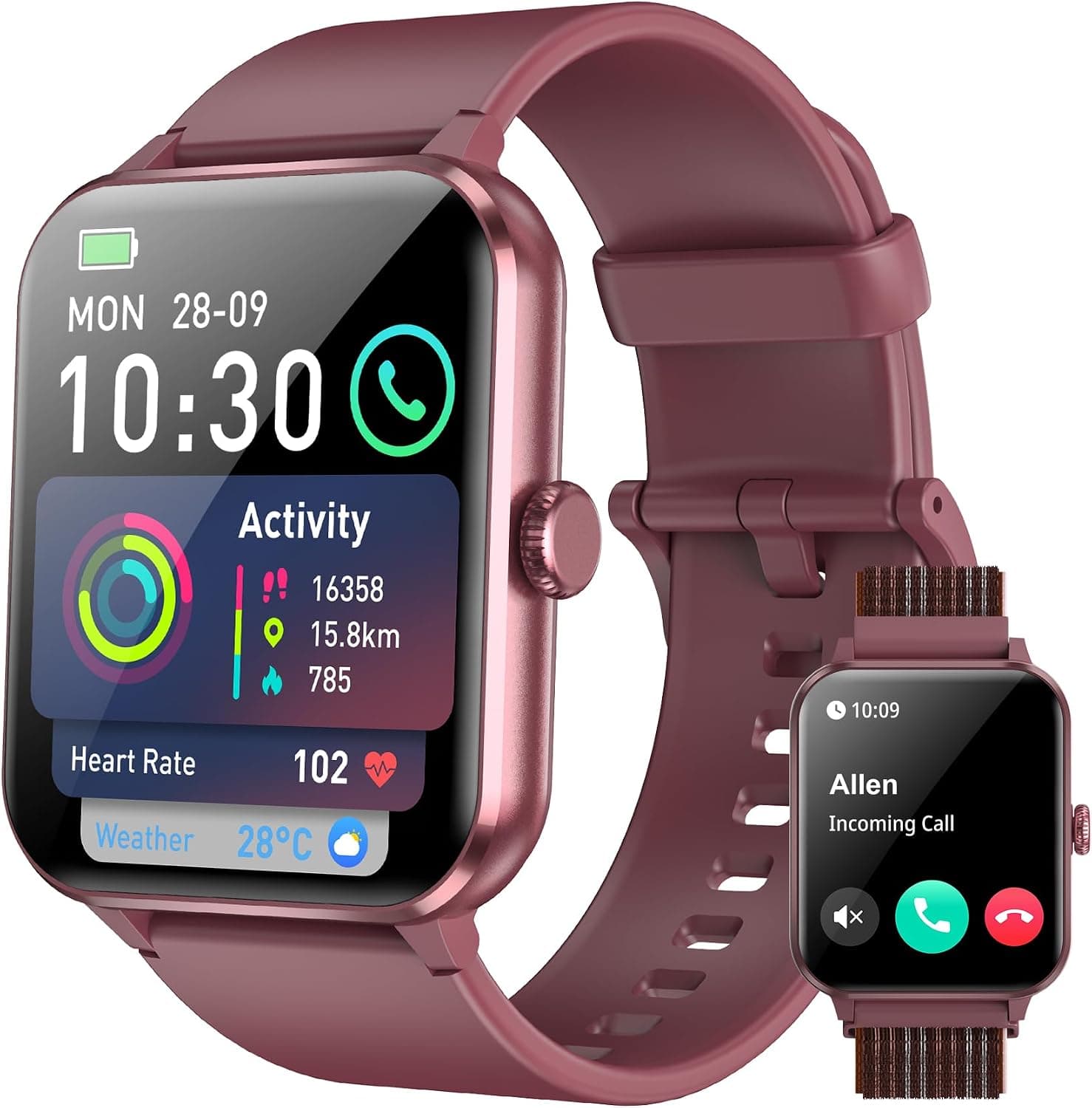 Smartwatch,Relógio Inteligente para Homens e Mulheres, 1.85“ Tela HD Touch, 100+ Modos Esportivos, Chamadas Bluetooth,Assistente de Voz, Compatível com iOS/Android,Inclui 2 Pulseiras,Clarete
